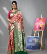 Punch pink silk banarasi saree with zari woven designs