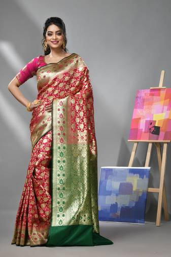 Rani pink silk banarasi saree with all over floral jacquard degins