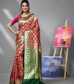 Rani pink silk banarasi saree with all over floral jacquard degins
