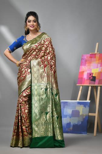 Cherry red silk banarasi saree with zari woven designs