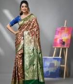 Cherry red silk banarasi saree with zari woven designs