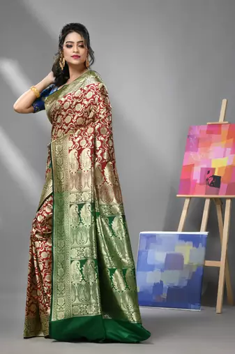 Cherry red silk banarasi saree with zari woven designs