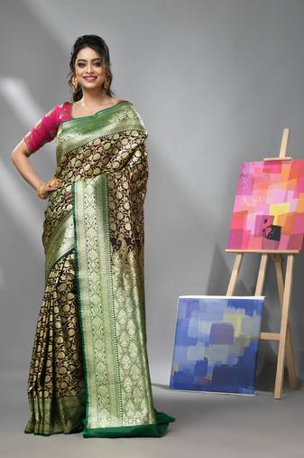 Dark chocolate silk banarasi saree with zari woven designs