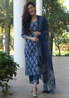 Indigo Blue Women's Cotton Blend Straight Kurta with Pant & Dupatta  1