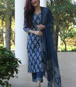Indigo Blue Women's Cotton Blend Straight Kurta with Pant & Dupatta 