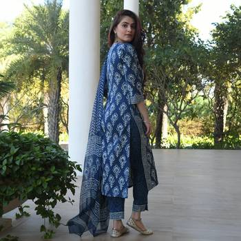 Indigo Blue Women's Cotton Blend Straight Kurta with Pant & Dupatta  2