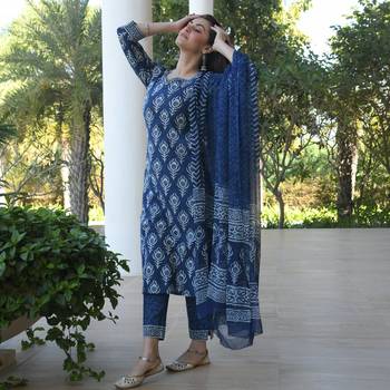 Indigo Blue Women's Cotton Blend Straight Kurta with Pant & Dupatta  3