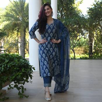 Indigo Blue Women's Cotton Blend Straight Kurta with Pant & Dupatta  4