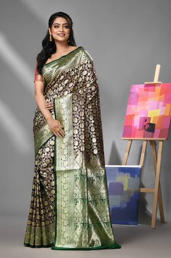 Sangria silk banarasi saree with zari woven floral and paisley designs