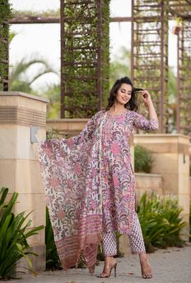 Bhavya Pink Women's Cotton Blend Straight Kurta with Pant & Dupatta  3