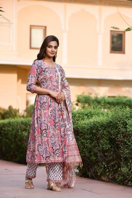 Zeepkart navya Pink Women's Cotton Blend Straight Kurta with Pant & Dupatta  2