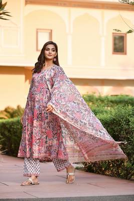 Zeepkart navya Pink Women's Cotton Blend Straight Kurta with Pant & Dupatta  3
