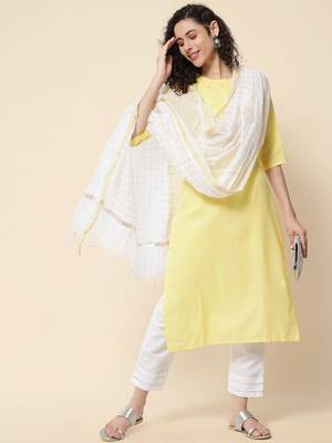 Meera Yellow Women's Cotton Blend Straight Kurta with Pant & Dupatta  1