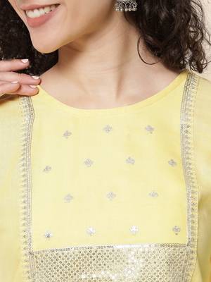 Meera Yellow Women's Cotton Blend Straight Kurta with Pant & Dupatta  4
