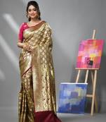 Cordovan maroon silk banarasi saree with zari woven floral and paisley designs