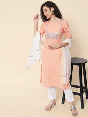 Meera Peach Women's Cotton Blend Straight Kurta with Pant & Dupatta  1