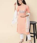Meera Peach Women's Cotton Blend Straight Kurta with Pant & Dupatta 