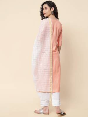 Meera Peach Women's Cotton Blend Straight Kurta with Pant & Dupatta  2