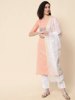 Meera Peach Women's Cotton Blend Straight Kurta with Pant & Dupatta  3