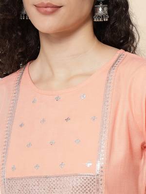 Meera Peach Women's Cotton Blend Straight Kurta with Pant & Dupatta  4