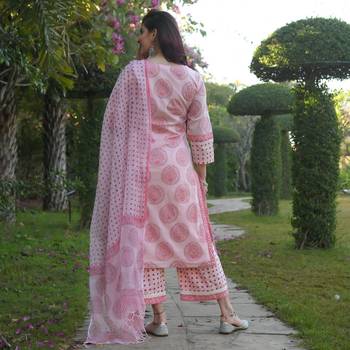 Zeepkart Krish Pink Women's Cotton Blend Straight Kurta with Pant & Dupatta  2