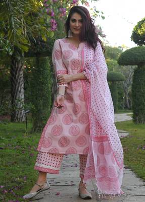 Zeepkart Krish Pink Women's Cotton Blend Straight Kurta with Pant & Dupatta  1