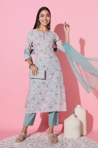 Pista Cotton Fabric Printed work Straight cut Kurta, Pant and Dupatta Set