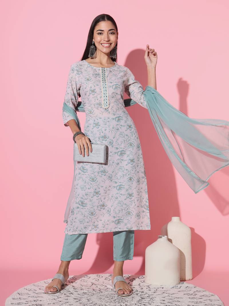Pista Cotton Fabric Printed work Straight cut Kurta, Pant and Dupatta Set