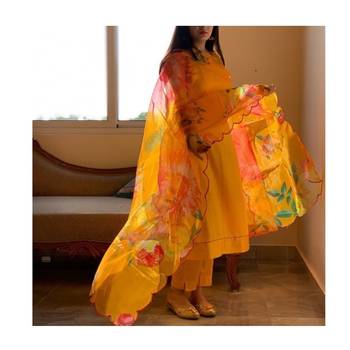 Zeepkart 133 gold Women's Cotton Blend Straight Kurta with Pant & Dupatta  2