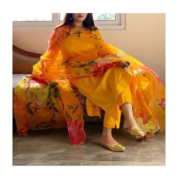 Zeepkart 133 gold Women's Cotton Blend Straight Kurta with Pant & Dupatta  3