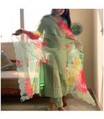 Green Women's Cotton Blend Straight Kurta with Pant & Dupatta 