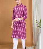 men's pastel kurta and elastic pyjama set with jacket - ikat print
