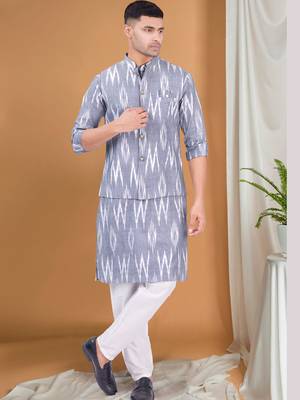 men's pastel kurta and elastic pyjama set with jacket - ikat print 1