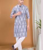 men's pastel kurta and elastic pyjama set with jacket - ikat print