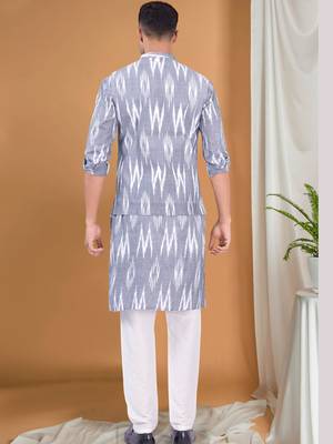 men's pastel kurta and elastic pyjama set with jacket - ikat print 2