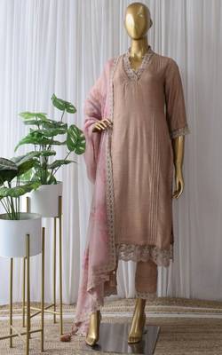 145 brown Women's Cotton Blend Straight Kurta with Pant & Dupatta  1