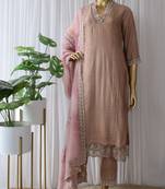145 brown Women's Cotton Blend Straight Kurta with Pant & Dupatta 