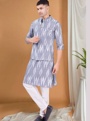 men's pastel kurta and elastic pyjama set with jacket - ikat print 3