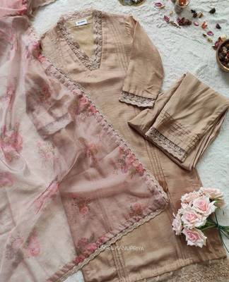 145 brown Women's Cotton Blend Straight Kurta with Pant & Dupatta  2