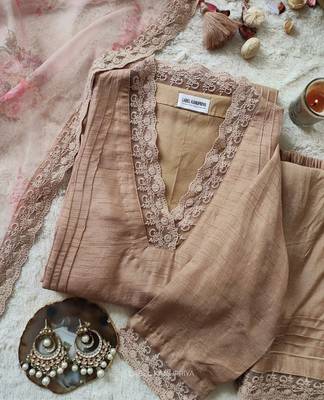 145 brown Women's Cotton Blend Straight Kurta with Pant & Dupatta  4