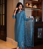 Aqua Blue Chiffon Kurta Ser with Net Embroidered Dupatta
