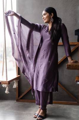 150 purple Women's Cotton Blend Straight Kurta with Pant & Dupatta  1