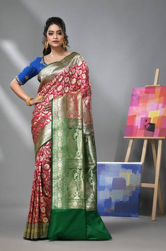 Blush pink silk banarasi saree with zari woven floral and paisley designs