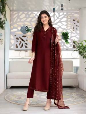 159 maroon Women's Cotton Blend Straight Kurta with Pant & Dupatta  1