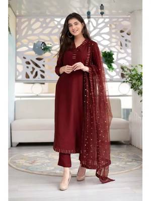 159 maroon Women's Cotton Blend Straight Kurta with Pant & Dupatta  2