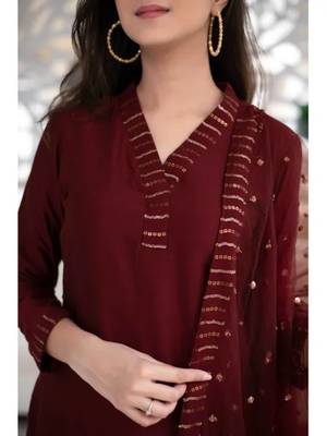 159 maroon Women's Cotton Blend Straight Kurta with Pant & Dupatta  3