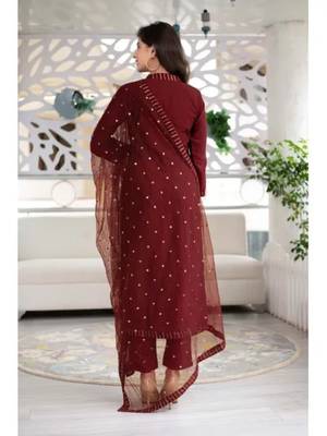 159 maroon Women's Cotton Blend Straight Kurta with Pant & Dupatta  4