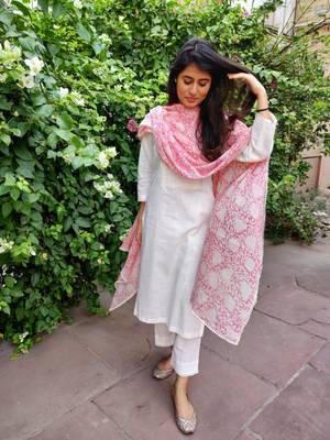 161 white Women's Cotton Blend Straight Kurta with Pant & Dupatta  2
