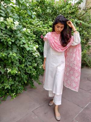 161 white Women's Cotton Blend Straight Kurta with Pant & Dupatta  4