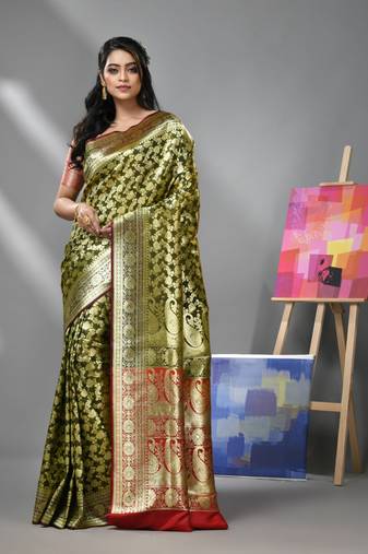 Olive green silk banarasi saree with zari woven designs